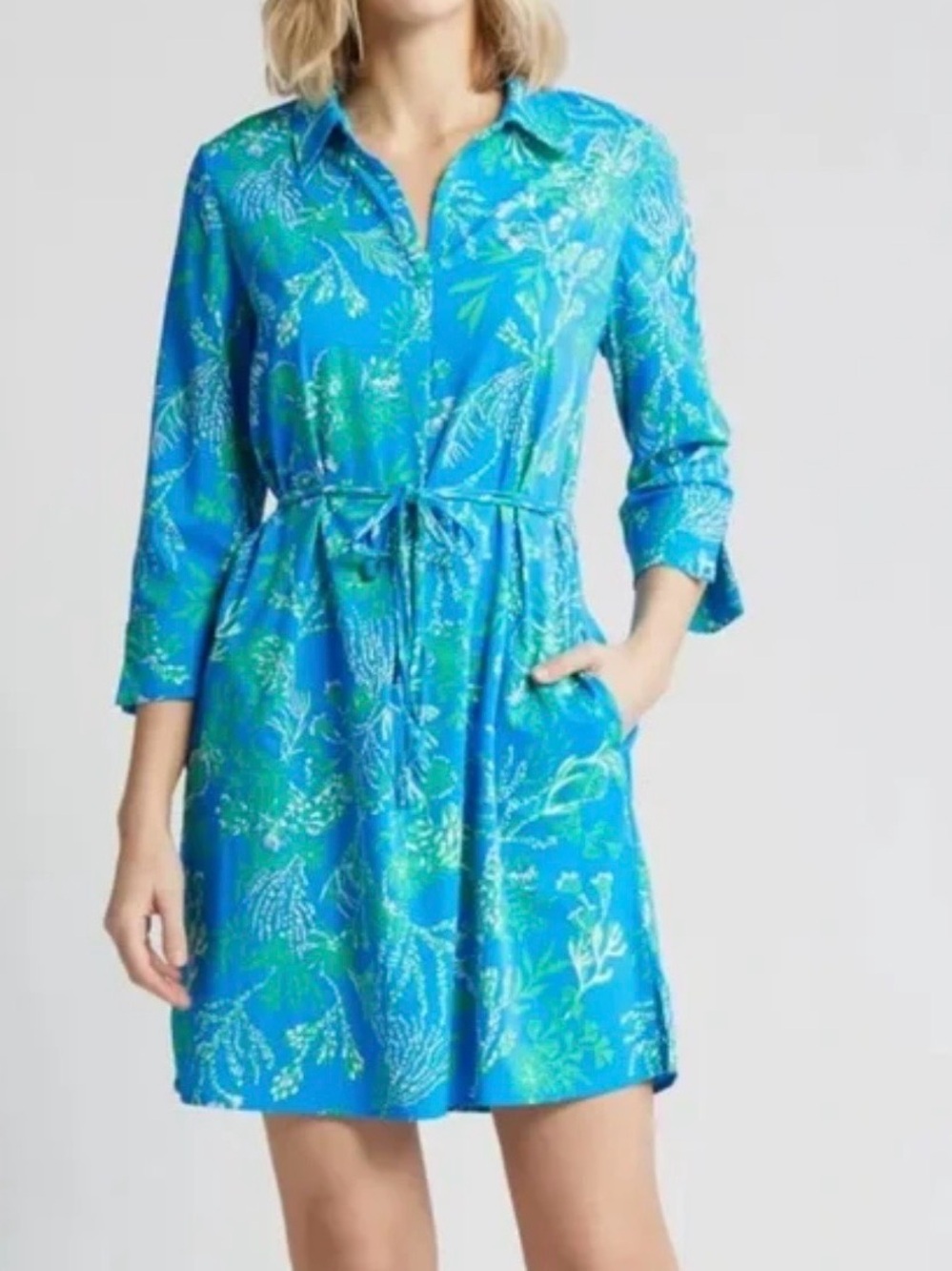 Lilly Pulitzer Blue, Green & White Tropical Print Shirt Dress
